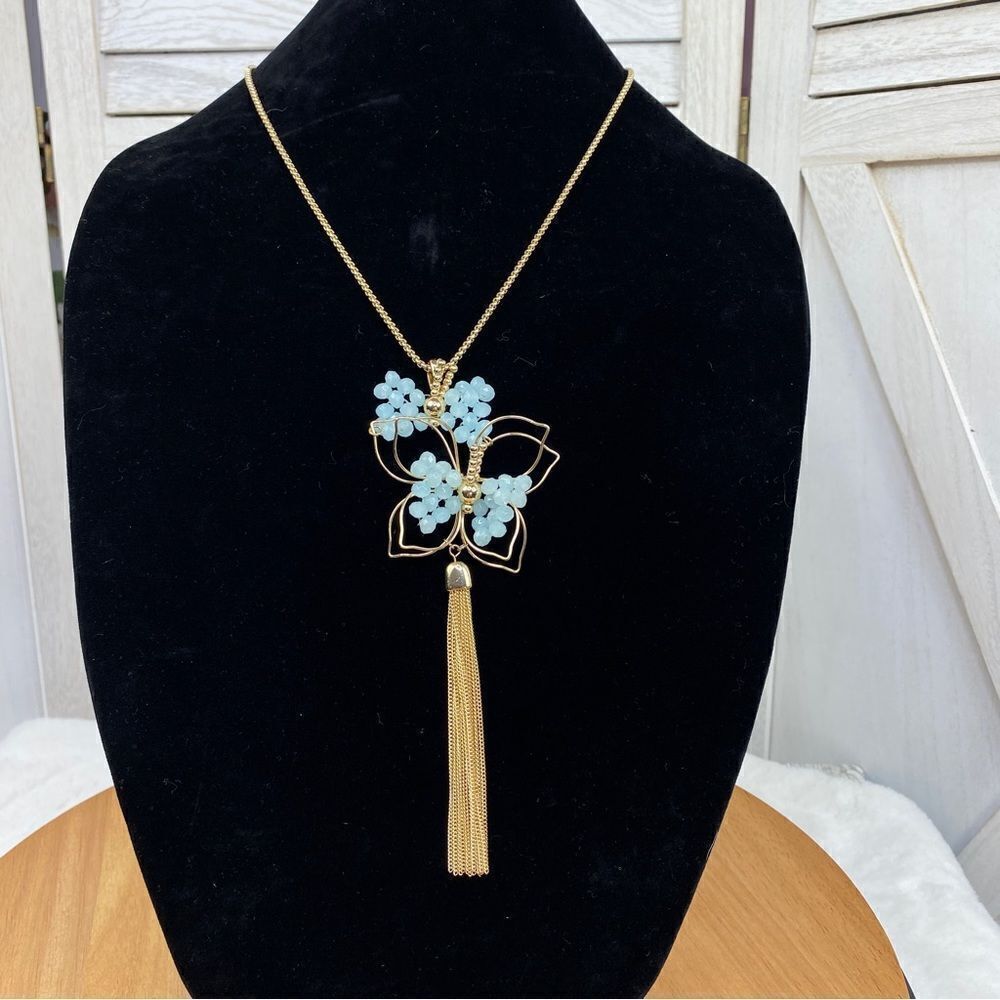 Carol Dauplaise 3D Wire Beaded Butterfly Statement Necklace Blue Gold‎